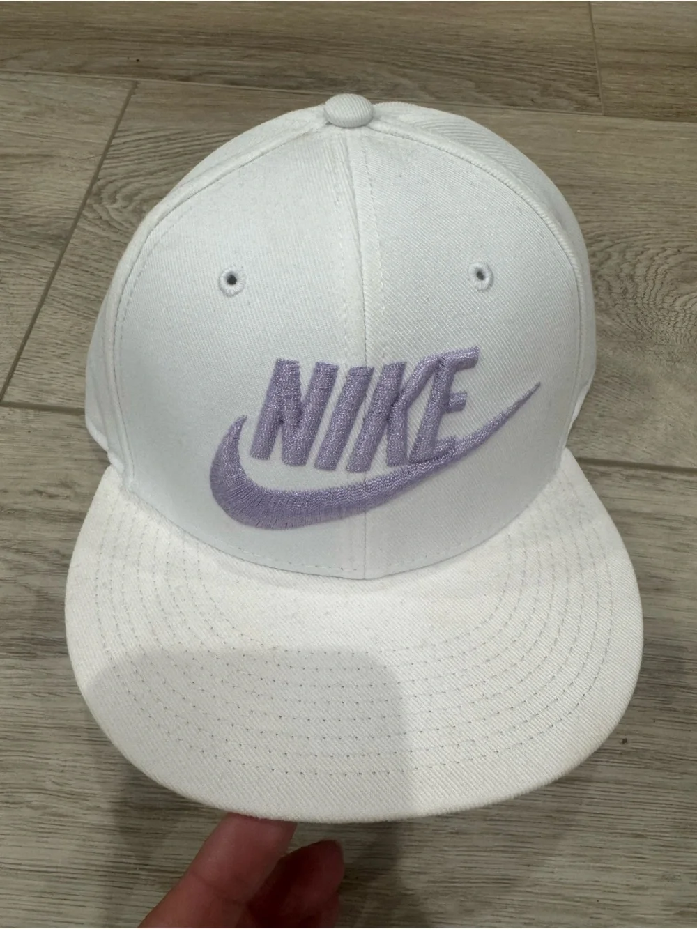 Nike Flat Bill White Snapback Hat with Lavender Logo Puff Embroidered